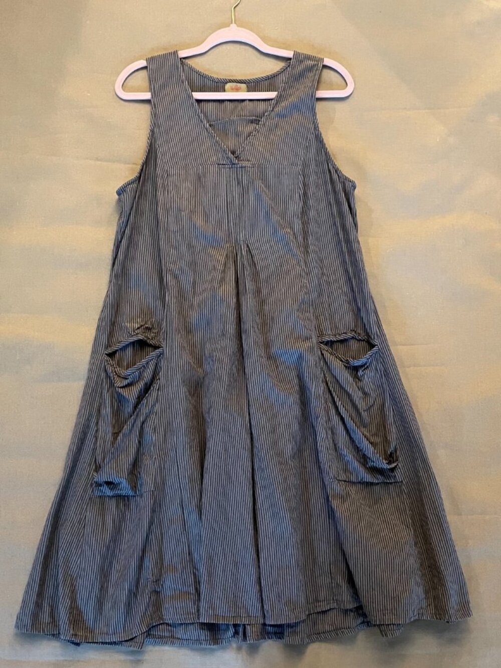 Tulip Dress Sz M Midi Gray Seersucker Sleeveless Cotton Vacation BOHO Lagenlook